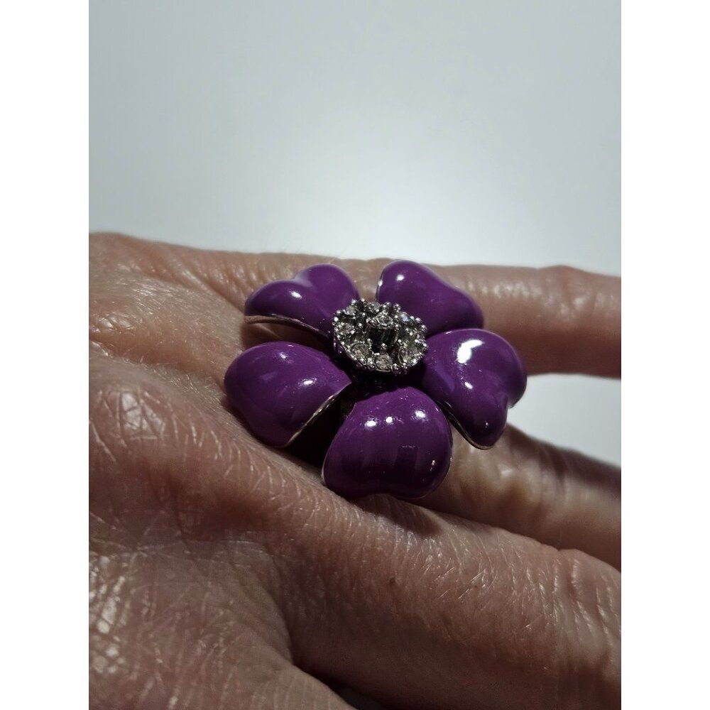 Silver tone purple enamel flower ring size 8